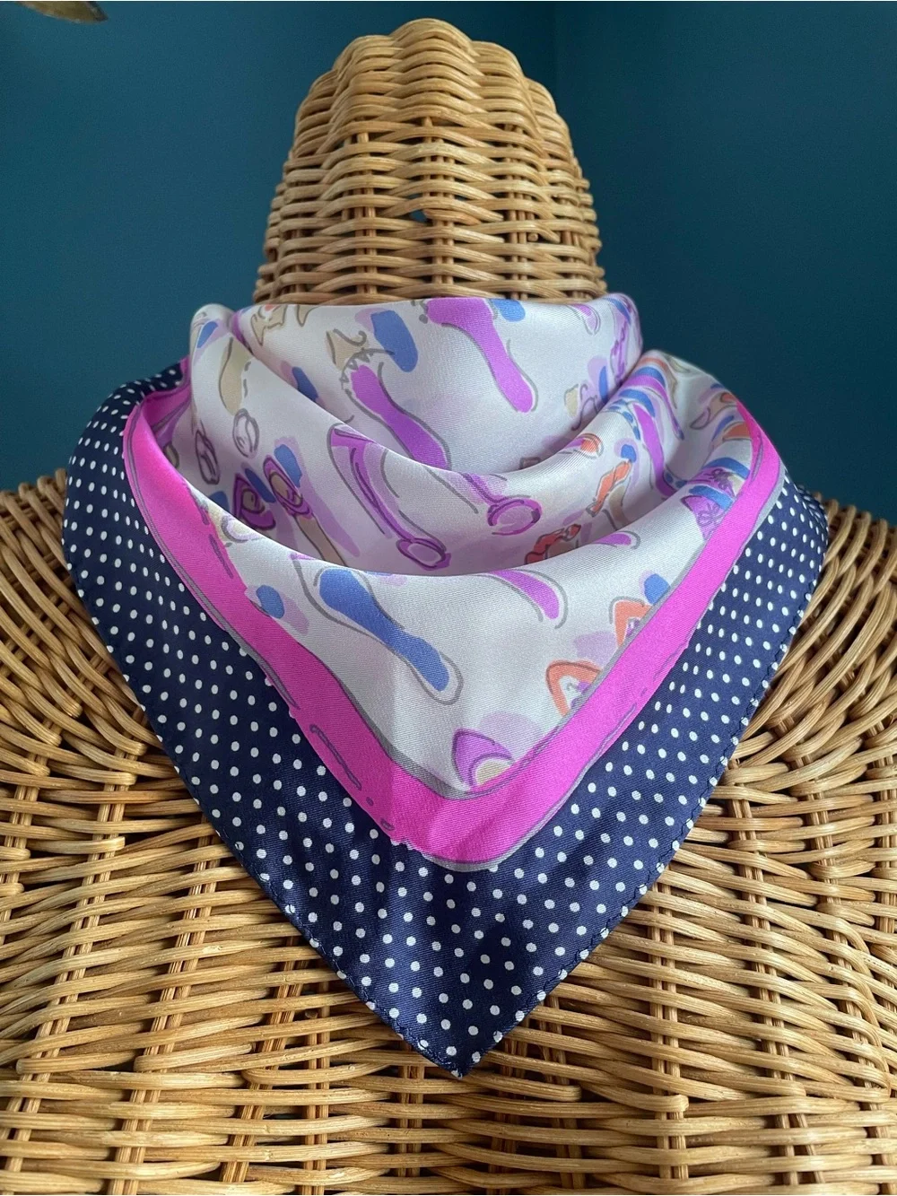 Lilly Pulitzer Vintage Shoe Print Square Silk Scarf Pink Navy Polka Dots EUC 18”